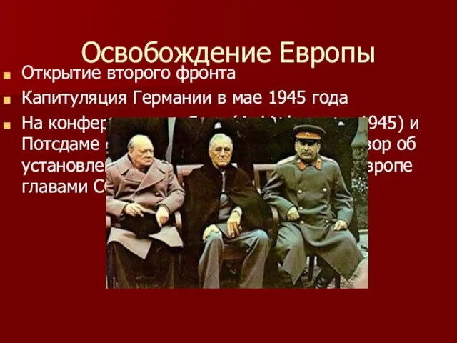 Освобождение Европы Открытие второго фронта Капитуляция Германии в мае 1945 года На