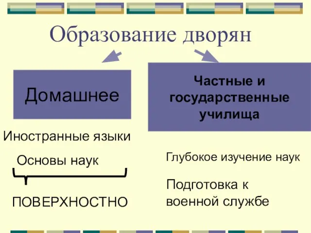 Образование дворян Домашнее Иностранные языки Основы наук ПОВЕРХНОСТНО Частные и государственные училища