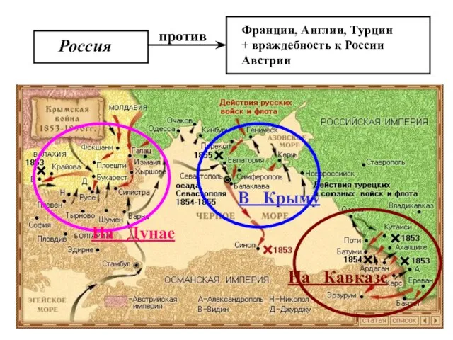 Россия против Франции, Англии, Турции + враждебность к России Австрии В Крыму На Дунае На Кавказе