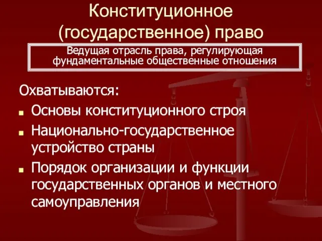 Конституционное (государственное) право Охватываются: Основы конституционного строя Национально-государственное устройство страны Порядок организации