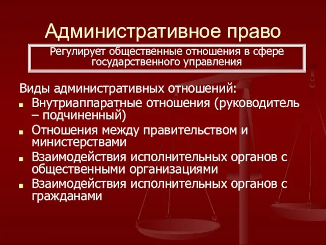 Административное право Виды административных отношений: Внутриаппаратные отношения (руководитель – подчиненный) Отношения между