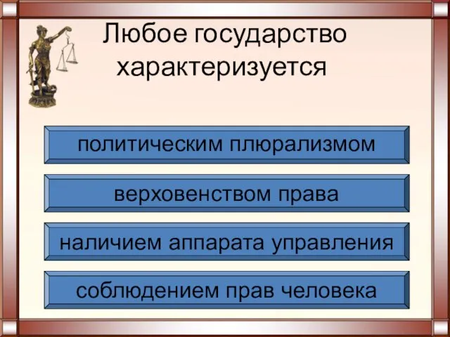 Любое государство характеризуется соблюдением прав человека наличием аппарата управления верховенством права политическим плюрализмом