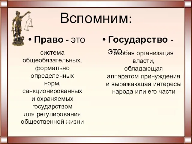 Вспомним: Право - это Государство - это система общеобязательных, формально определенных норм,