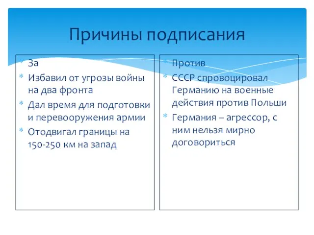 Причины подписания За Избавил от угрозы войны на два фронта Дал время