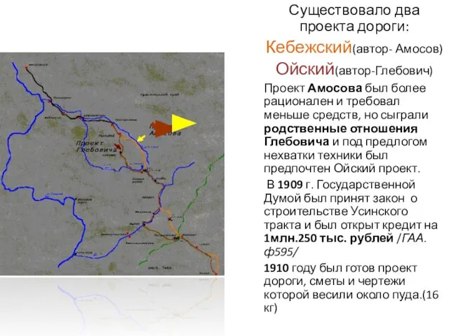 Существовало два проекта дороги: Кебежский(автор- Амосов) Ойский(автор-Глебович) Проект Амосова был более рационален