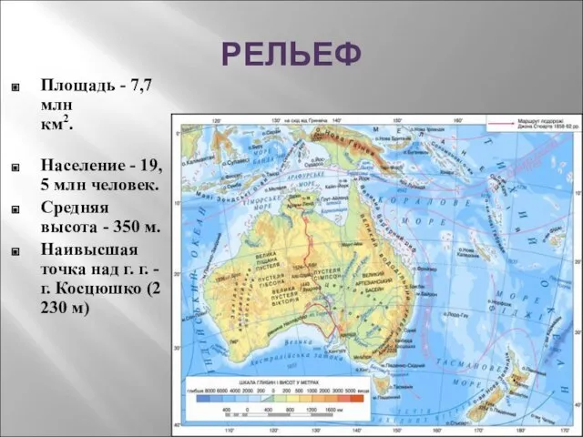 РЕЛЬЕФ Площадь - 7,7 млн км2. Население - 19, 5 млн человек.