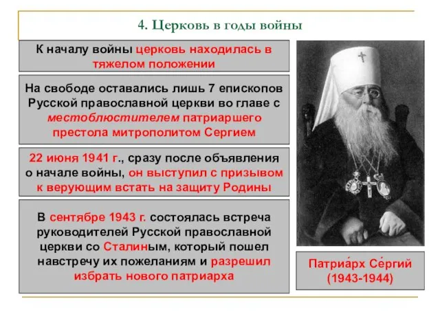 4. Церковь в годы войны К началу войны церковь находилась в тяжелом