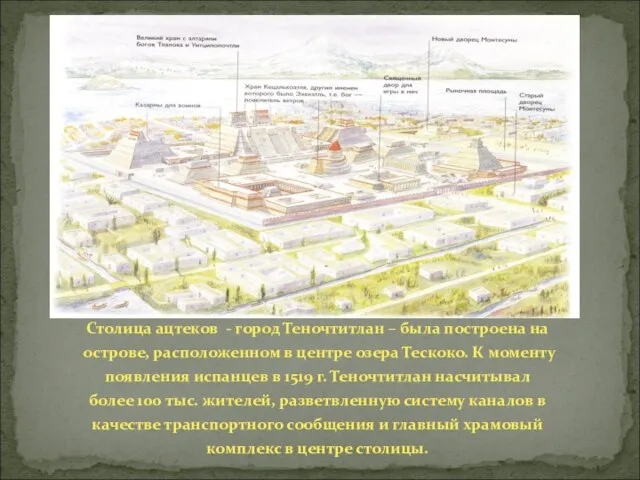 Столица ацтеков - город Теночтитлан – была построена на острове, расположенном в