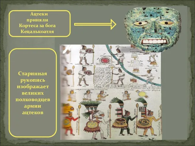 Старинная рукопись изображает великих полководцев армии ацтеков Ацтеки приняли Кортеса за бога Кецалькоатля