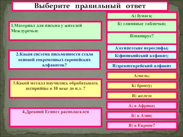 Выберите правильный ответ 1.Материал для письма у жителей Междуречья: 2.Какая система письменности