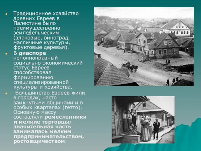 Традиционное хозяйство древних Евреев в Палестине было преимущественно земледельческим (злаковые, виноград, масличные