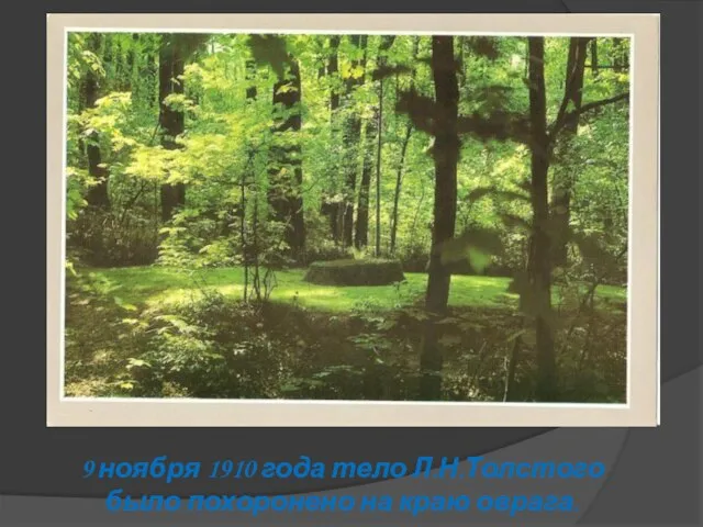 9 ноября 1910 года тело Л.Н.Толстого было похоронено на краю оврага.