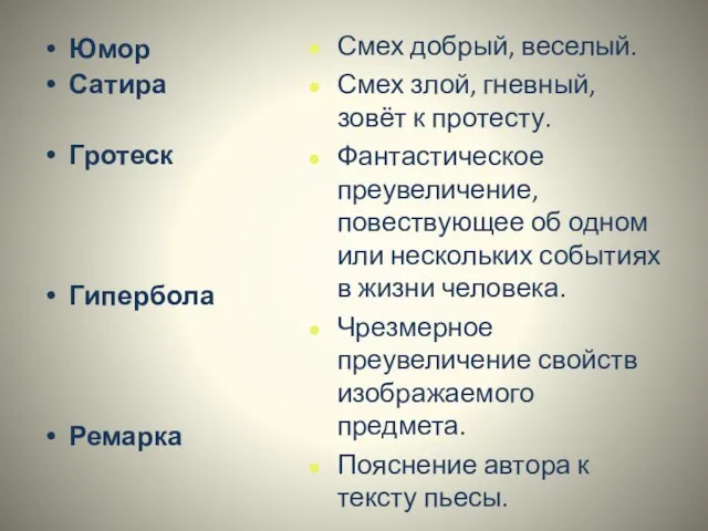 Смех добрый, веселый. Смех злой, гневный, зовёт к протесту. Фантастическое преувеличение, повествующее