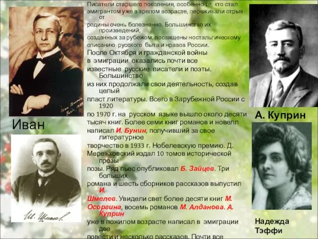 Писатели старшего поколения, особенно те, кто стал эмигрантом уже в зрелом возрасте,