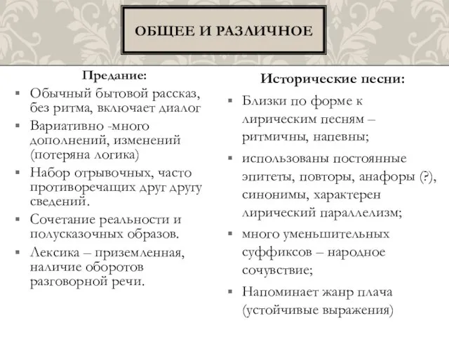 Предание: Обычный бытовой рассказ, без ритма, включает диалог Вариативно -много дополнений, изменений