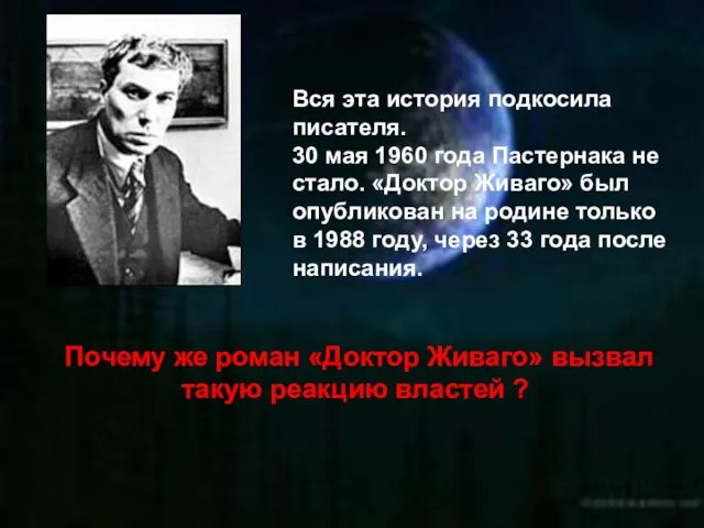 Вся эта история подкосила писателя. 30 мая 1960 года Пастернака не стало.