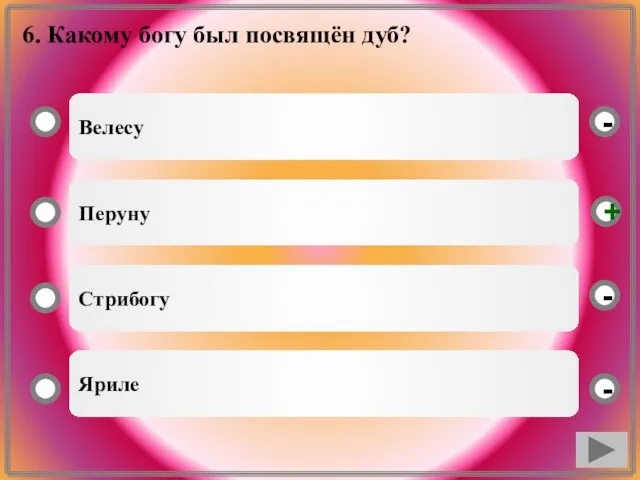 6. Какому богу был посвящён дуб? Велесу Перуну Стрибогу Яриле - - + -