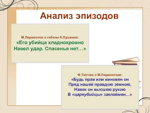 Анализ эпизодов М.Лермонтов о гибели А.Пушкина: «Его убийца хладнокровно Навел удар. Спасенья