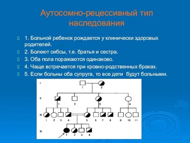 Аутосомно-рецессивный тип наследования 1. Больной ребенок рождается у клинически здоровых родителей. 2.