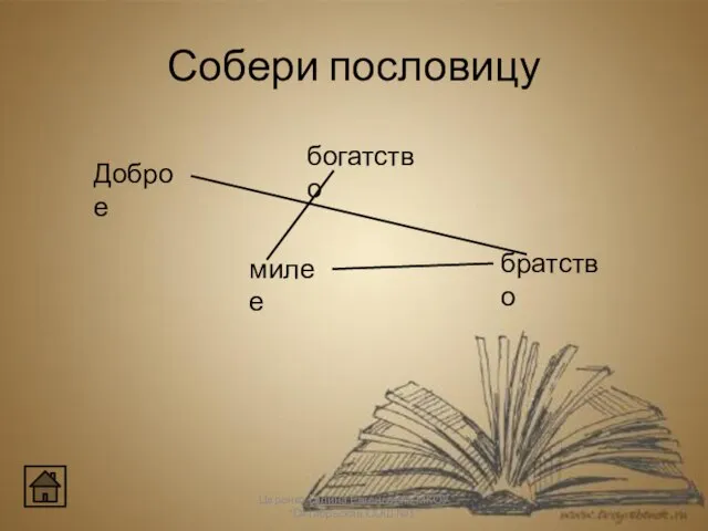 Собери пословицу Царенко Галина Евгеньевна МКОУ "Октябрьская СОШ №1" Доброе милее богатство братство