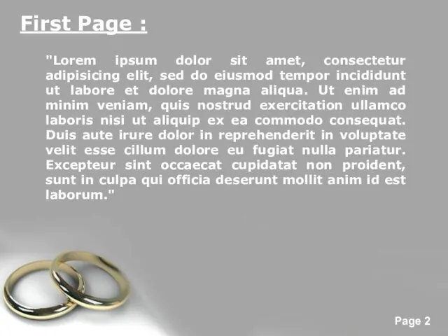 First Page : "Lorem ipsum dolor sit amet, consectetur adipisicing elit, sed