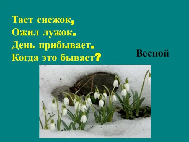 Тает снежок, Ожил лужок. День прибывает. Когда это бывает? Весной