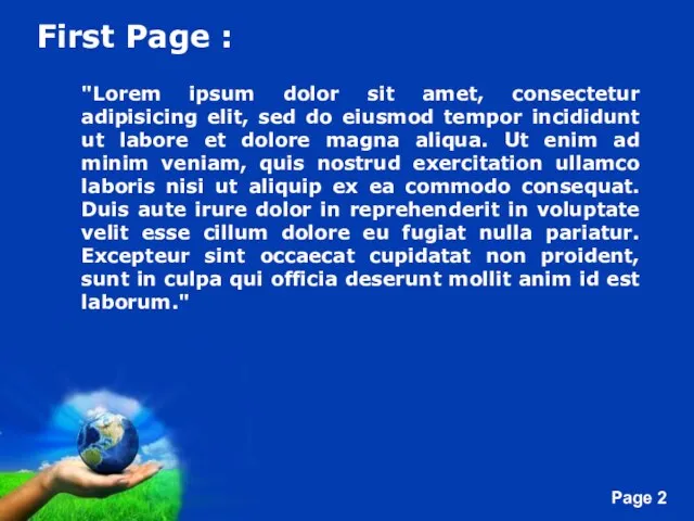 First Page : "Lorem ipsum dolor sit amet, consectetur adipisicing elit, sed