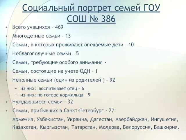 Социальный портрет семей ГОУ СОШ № 386 Всего учащихся – 469 Многодетные