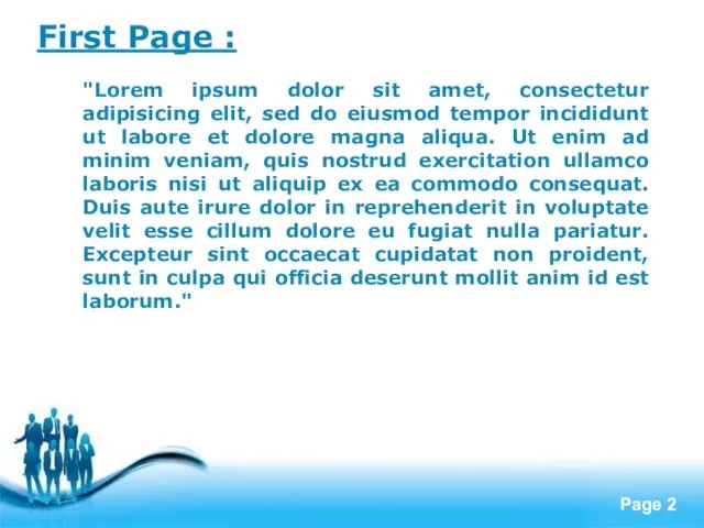 First Page : "Lorem ipsum dolor sit amet, consectetur adipisicing elit, sed