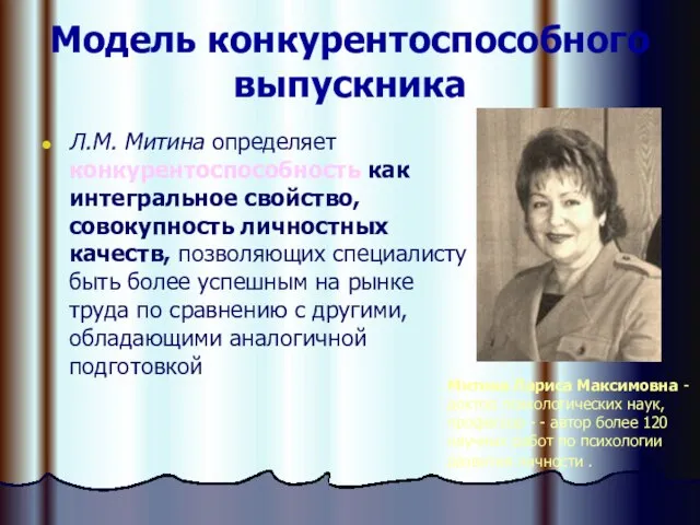 Модель конкурентоспособного выпускника Л.М. Митина определяет конкурентоспособность как интегральное свойство, совокупность личностных