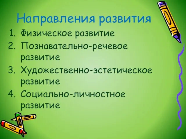 Направления развития Физическое развитие Познавательно-речевое развитие Художественно-эстетическое развитие Социально-личностное развитие