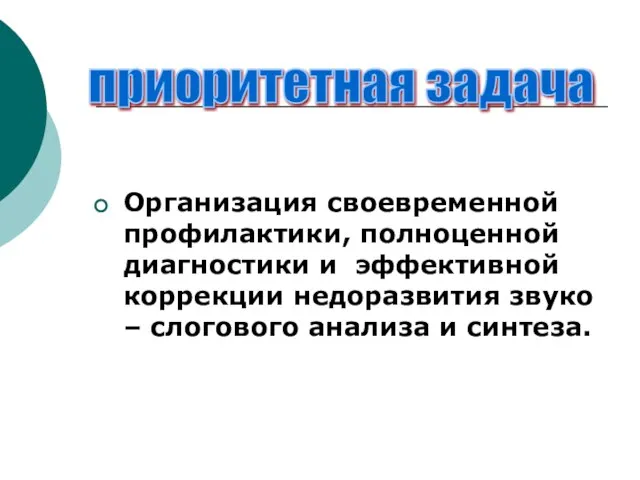 Организация своевременной профилактики, полноценной диагностики и эффективной коррекции недоразвития звуко – слогового