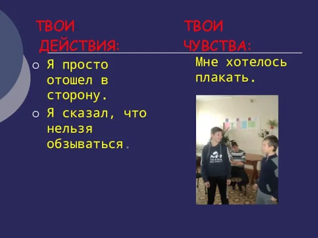 ТВОИ ЧУВСТВА: Мне хотелось плакать. ТВОИ ДЕЙСТВИЯ: Я просто отошел в сторону.