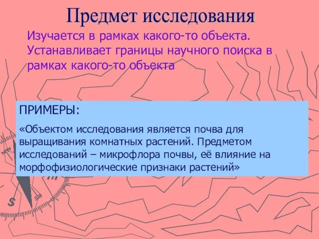 Предмет исследования Изучается в рамках какого-то объекта. Устанавливает границы научного поиска в