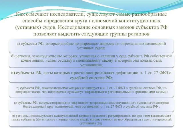 Как отмечают исследователи, существуют самые разнообразные способы определения круга полномочий конституционных (уставных)