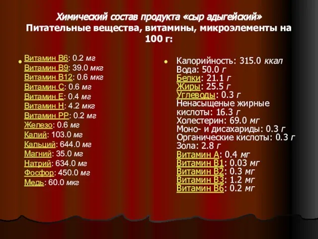 Химический состав продукта «сыр адыгейский» Питательные вещества, витамины, микроэлементы на 100 г: