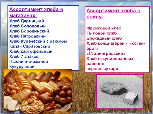 Ассортимент хлеба в магазинах: Хлеб Дарницкий Хлеб Солодовый Хлеб Бородинский Хлеб Петровский