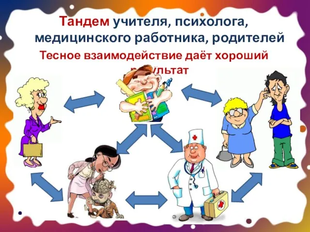 Тандем учителя, психолога, медицинского работника, родителей Тесное взаимодействие даёт хороший результат