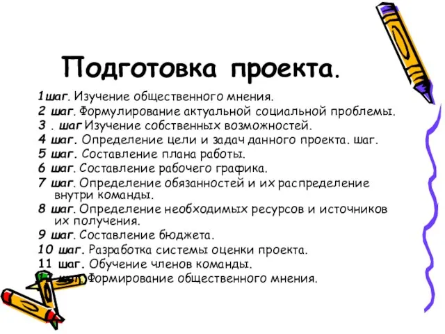 Подготовка проекта. 1шаг. Изучение общественного мнения. 2 шаг. Формулирование актуальной социальной проблемы.