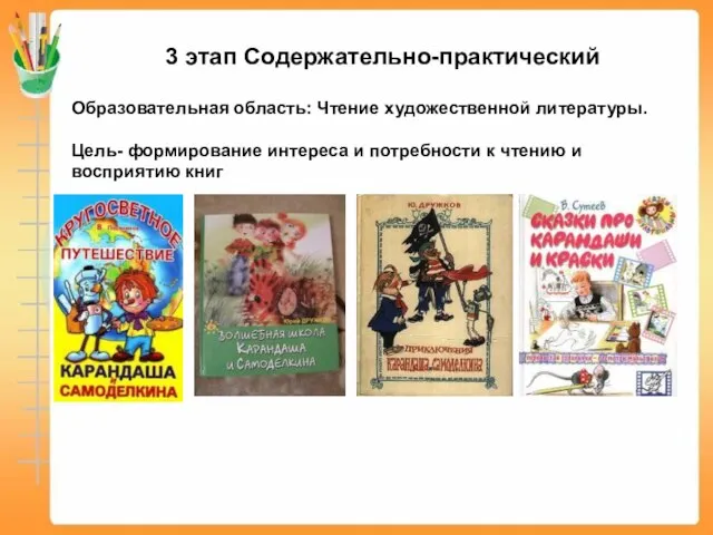 3 этап Содержательно-практический Образовательная область: Чтение художественной литературы. Цель- формирование интереса и