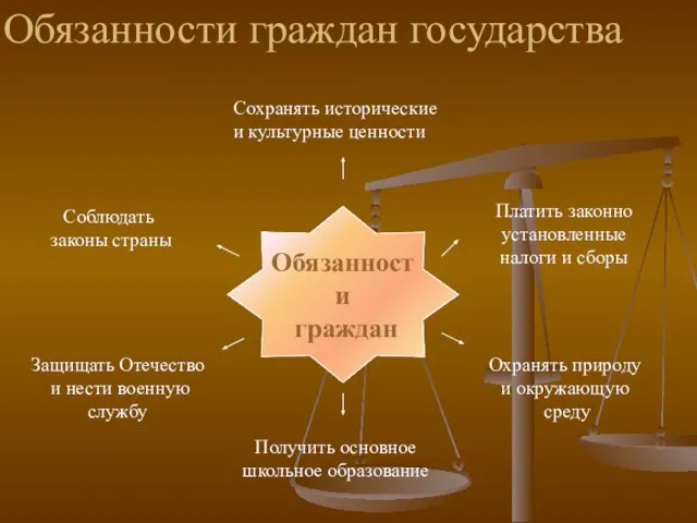 Обязанности граждан Соблюдать законы страны Платить законно установленные налоги и сборы Охранять