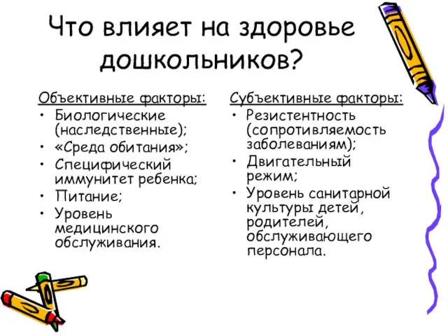 Что влияет на здоровье дошкольников? Объективные факторы: Биологические (наследственные); «Среда обитания»; Специфический