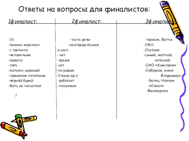 Ответы на вопросы для финалистов: 1финалист: 2финалист: 3финалист: -33 - часть речи