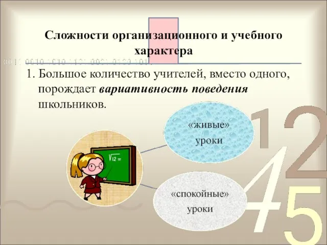 Сложности организационного и учебного характера 1. Большое количество учителей, вместо одного, порождает вариативность поведения школьников.