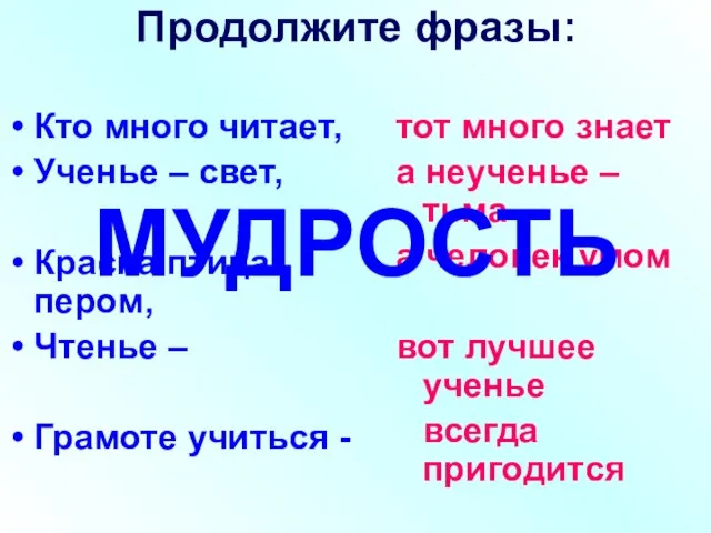 Продолжите фразы: Кто много читает, Ученье – свет, Красна птица пером, Чтенье