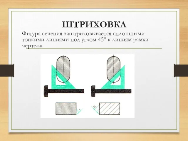 ШТРИХОВКА Фигура сечения заштриховывается сплошными тонкими линиями под углом 45° к линиям рамки чертежа