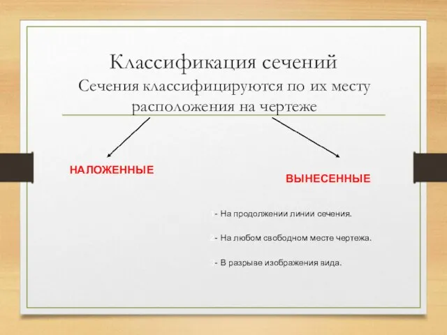 Классификация сечений Сечения классифицируются по их месту расположения на чертеже НАЛОЖЕННЫЕ ВЫНЕСЕННЫЕ