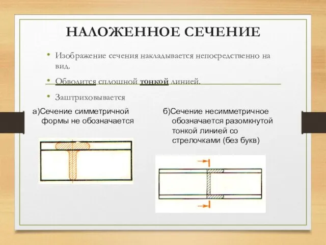 НАЛОЖЕННОЕ СЕЧЕНИЕ Изображение сечения накладывается непосредственно на вид. Обводится сплошной тонкой линией.