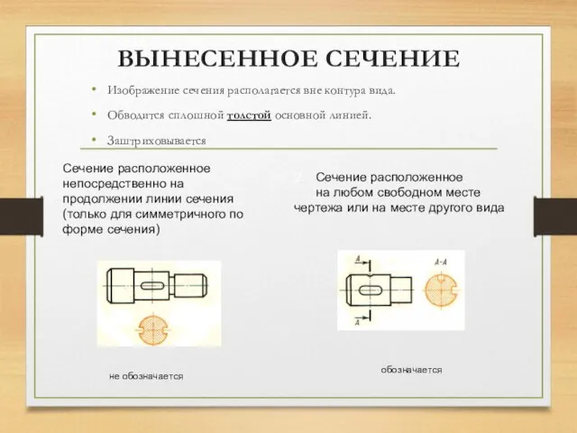 ВЫНЕСЕННОЕ СЕЧЕНИЕ Изображение сечения располагается вне контура вида. Обводится сплошной толстой основной