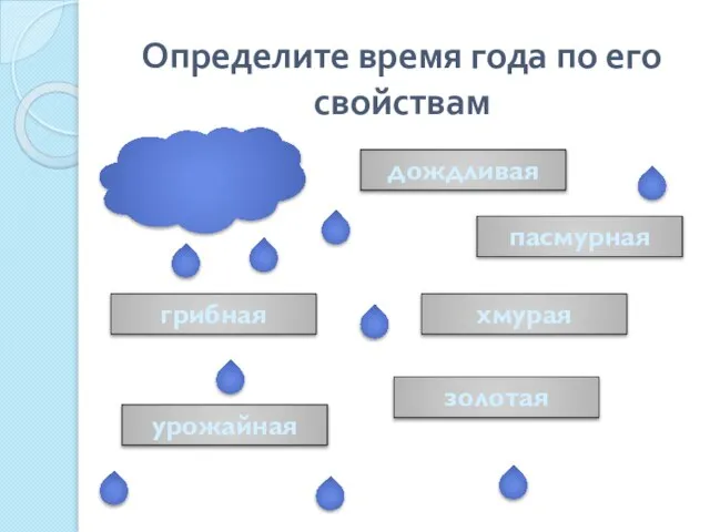 Определите время года по его свойствам дождливая грибная урожайная хмурая пасмурная золотая